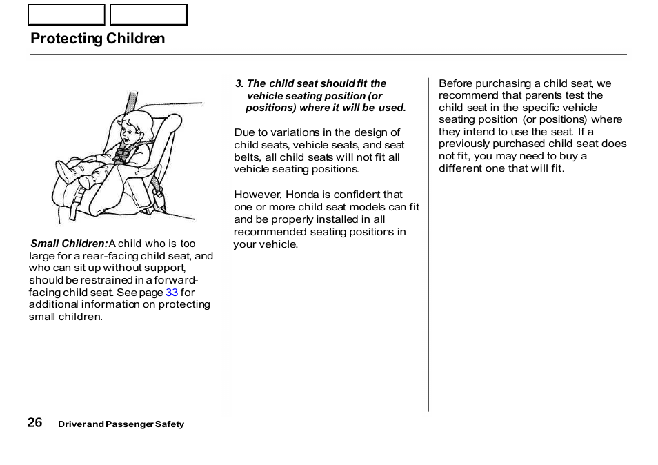 Protecting children | HONDA 2001 CR-V - Owner's Manual User Manual | Page 30 / 326