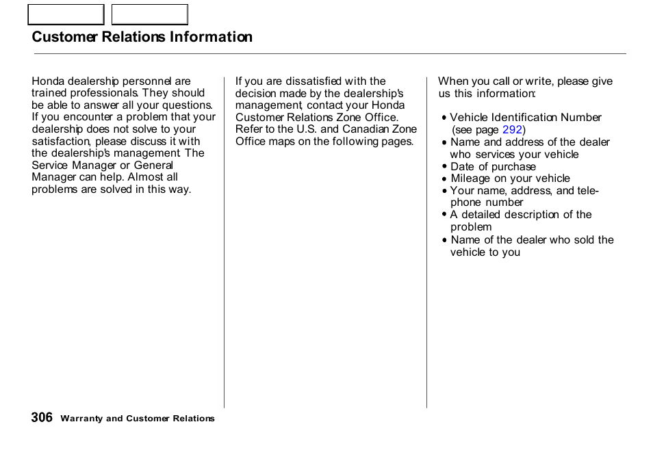 Customer relations information | HONDA 2001 CR-V - Owner's Manual User Manual | Page 310 / 326