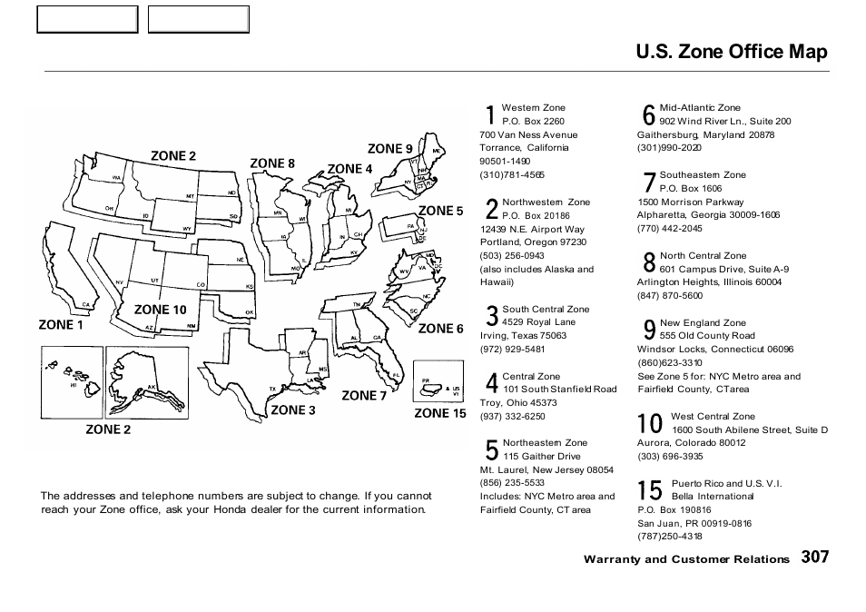 U.s. zone office map | HONDA 2001 CR-V - Owner's Manual User Manual | Page 311 / 326