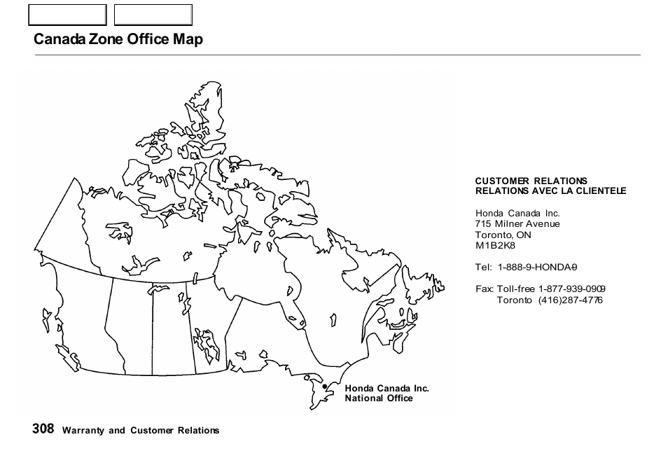 Canada zone office map | HONDA 2001 CR-V - Owner's Manual User Manual | Page 312 / 326