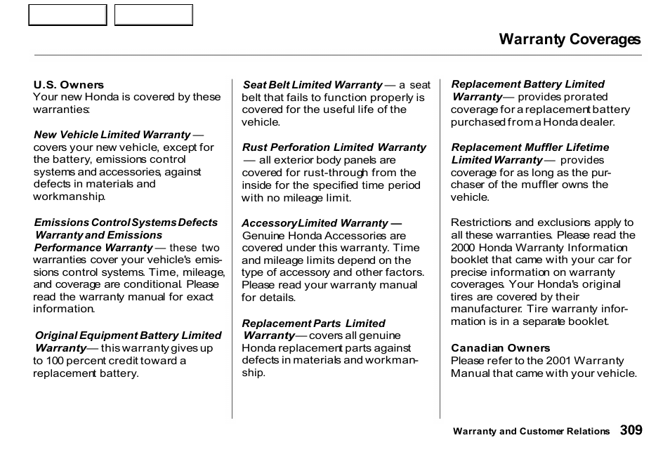 Warranty coverages | HONDA 2001 CR-V - Owner's Manual User Manual | Page 313 / 326