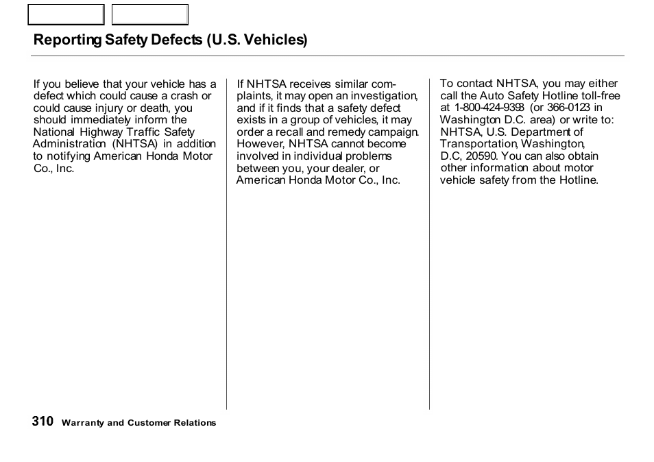 Reporting safety defects (u.s. vehicles) | HONDA 2001 CR-V - Owner's Manual User Manual | Page 314 / 326