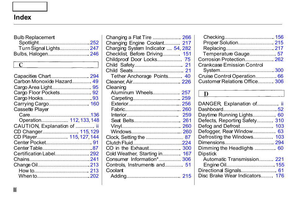 Index | HONDA 2001 CR-V - Owner's Manual User Manual | Page 318 / 326