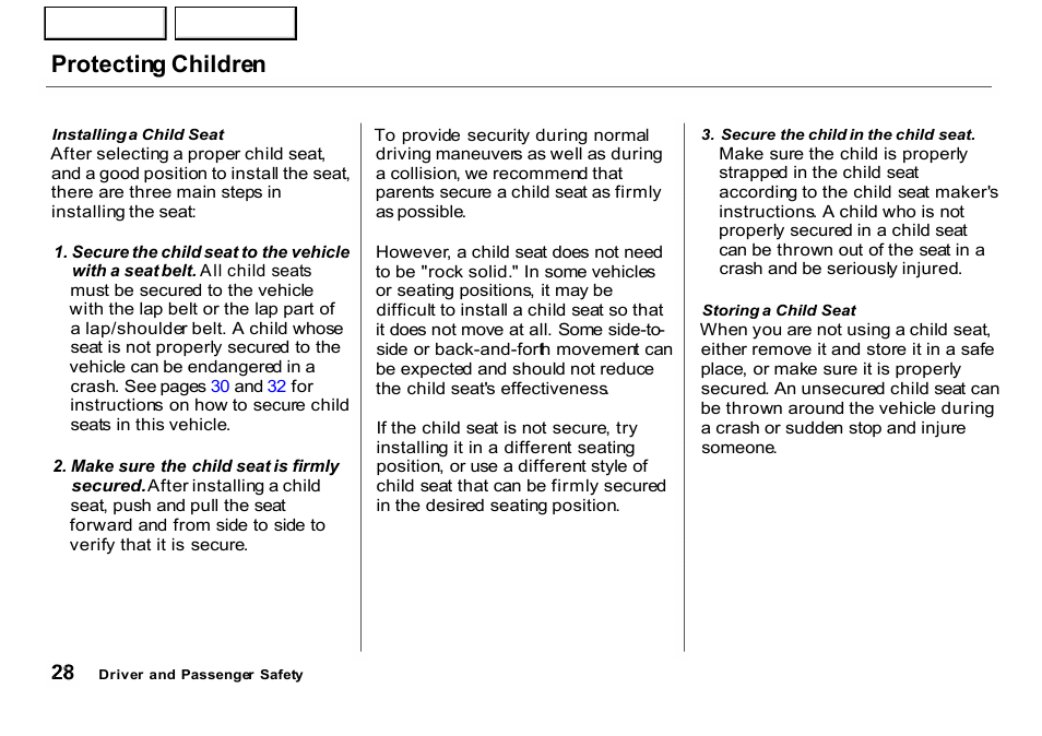 Protecting children | HONDA 2001 CR-V - Owner's Manual User Manual | Page 32 / 326