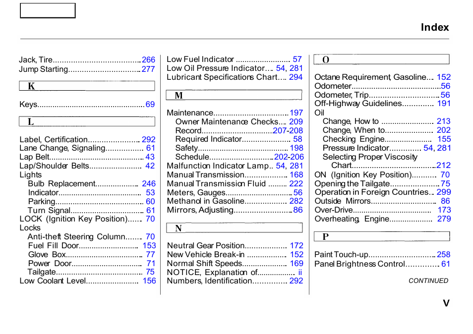 Index | HONDA 2001 CR-V - Owner's Manual User Manual | Page 321 / 326