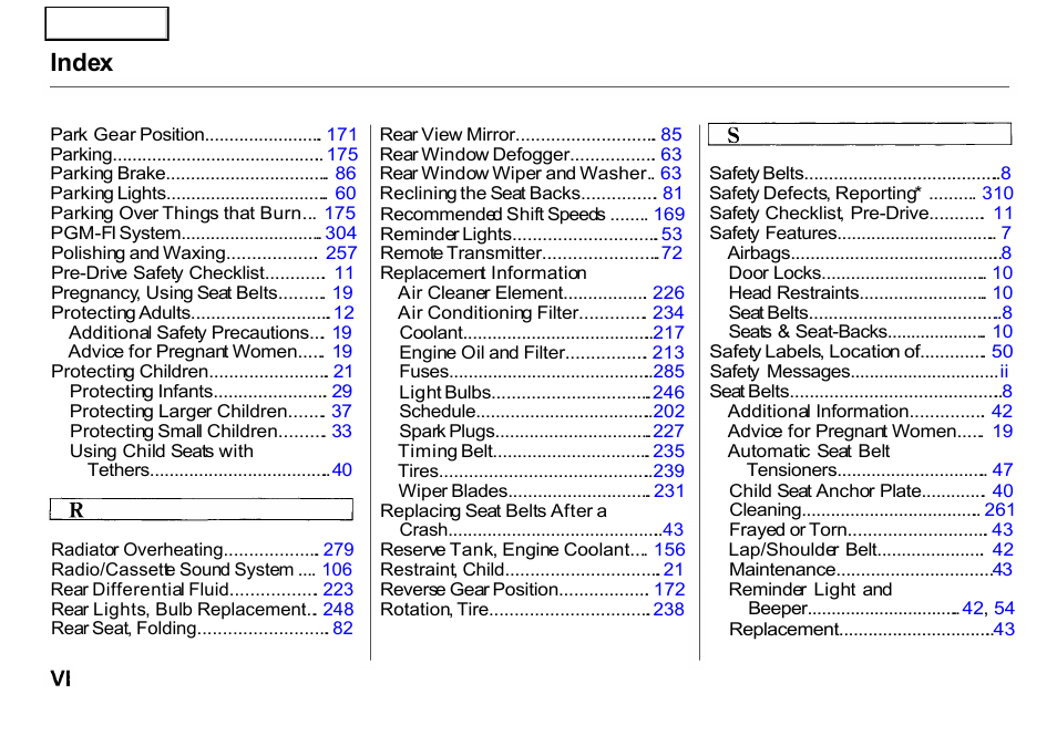 Index | HONDA 2001 CR-V - Owner's Manual User Manual | Page 322 / 326