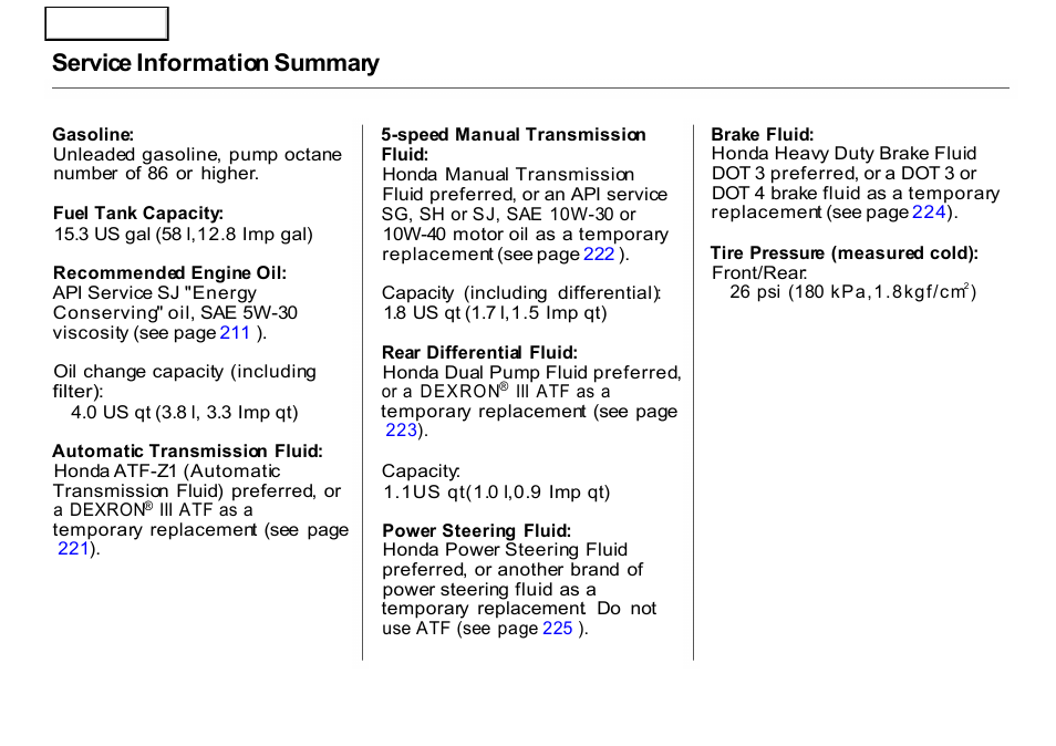 Service information summary | HONDA 2001 CR-V - Owner's Manual User Manual | Page 326 / 326