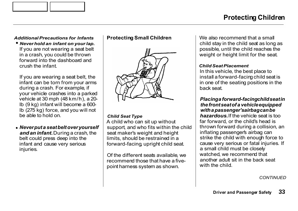 Protecting children | HONDA 2001 CR-V - Owner's Manual User Manual | Page 37 / 326