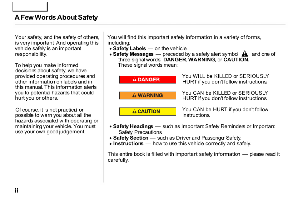 A few words about safety | HONDA 2001 CR-V - Owner's Manual User Manual | Page 4 / 326