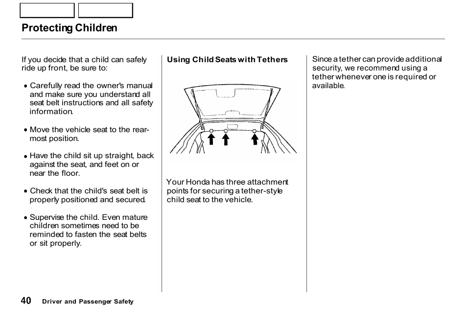 Tethers, Protecting children | HONDA 2001 CR-V - Owner's Manual User Manual | Page 44 / 326