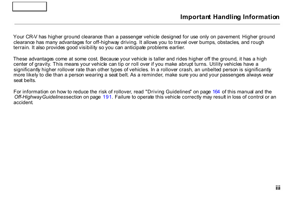 Important handling information | HONDA 2001 CR-V - Owner's Manual User Manual | Page 5 / 326