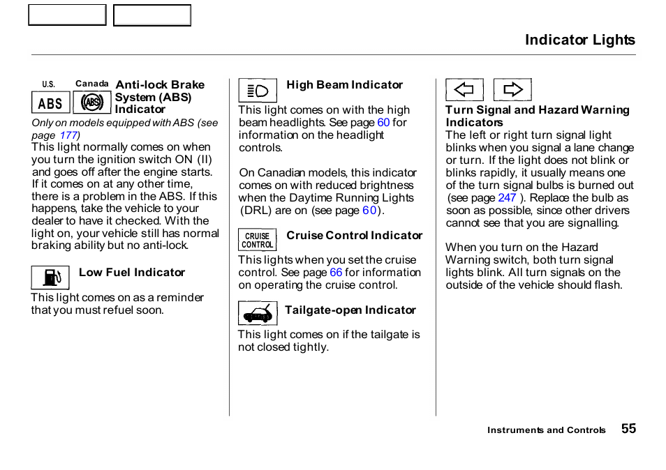 Indicator lights | HONDA 2001 CR-V - Owner's Manual User Manual | Page 59 / 326