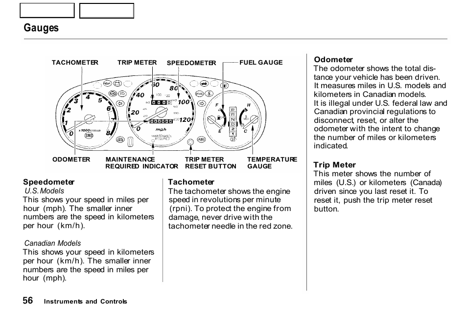 Gauges, Tachometer, Odometer | HONDA 2001 CR-V - Owner's Manual User Manual | Page 60 / 326