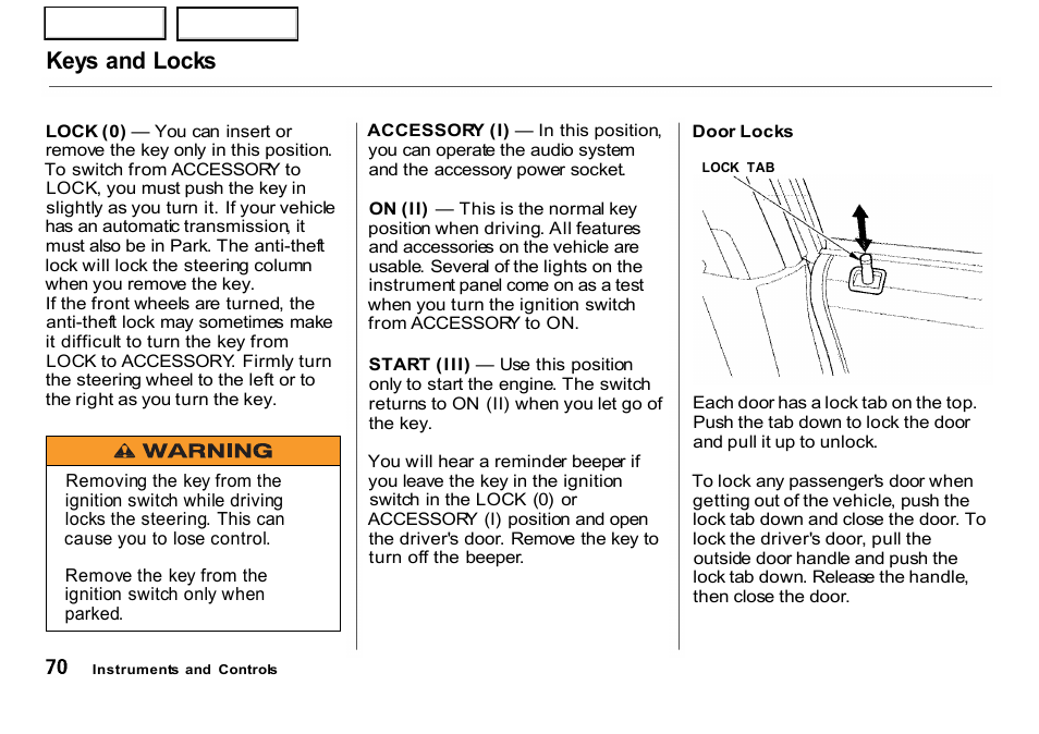 Keys and locks | HONDA 2001 CR-V - Owner's Manual User Manual | Page 74 / 326