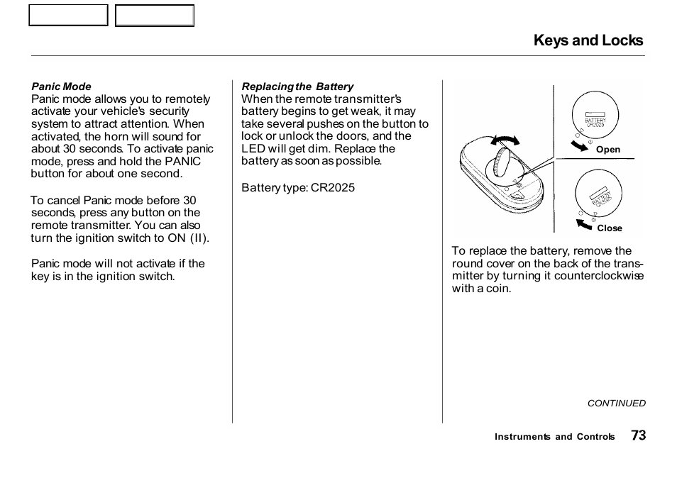 Keys and locks | HONDA 2001 CR-V - Owner's Manual User Manual | Page 77 / 326