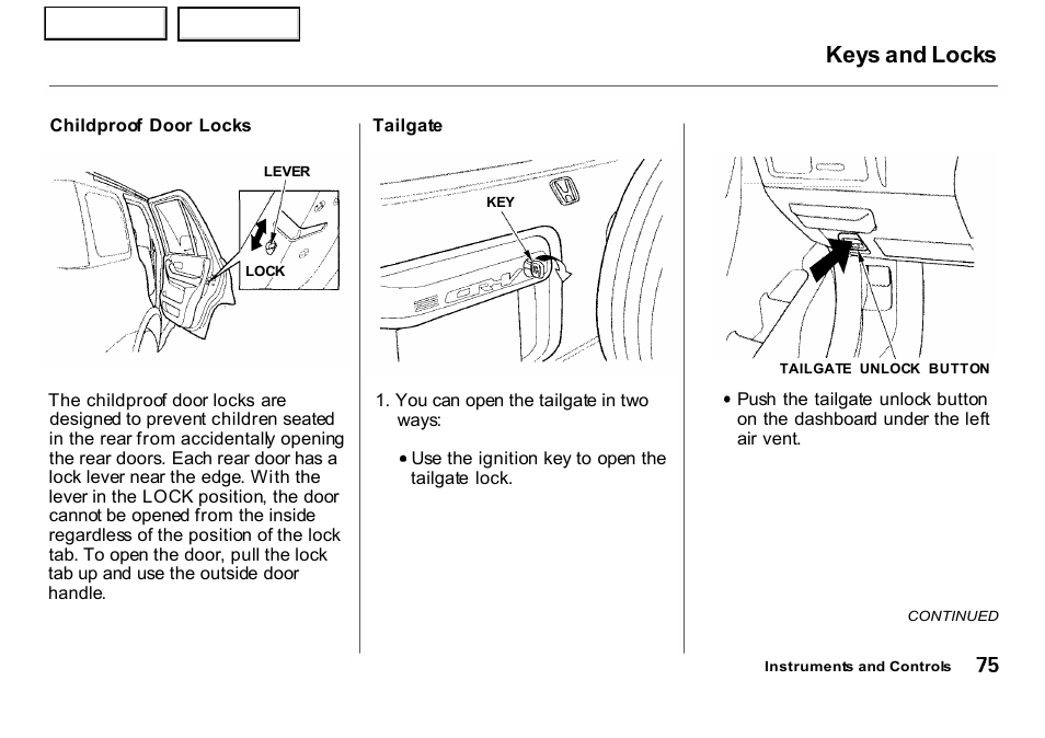 Tailgate, Keys and locks | HONDA 2001 CR-V - Owner's Manual User Manual | Page 79 / 326