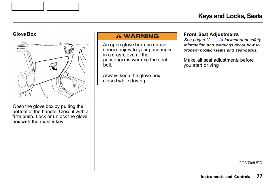 Seats, Keys and locks, seats | HONDA 2001 CR-V - Owner's Manual User Manual | Page 81 / 326