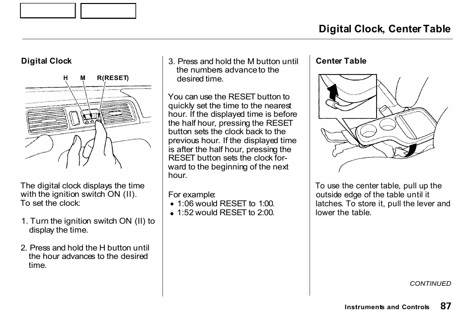 Table, Digital clock, center table | HONDA 2001 CR-V - Owner's Manual User Manual | Page 91 / 326