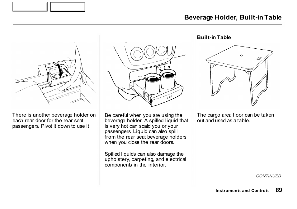 Beverage holder, built-in table | HONDA 2001 CR-V - Owner's Manual User Manual | Page 93 / 326