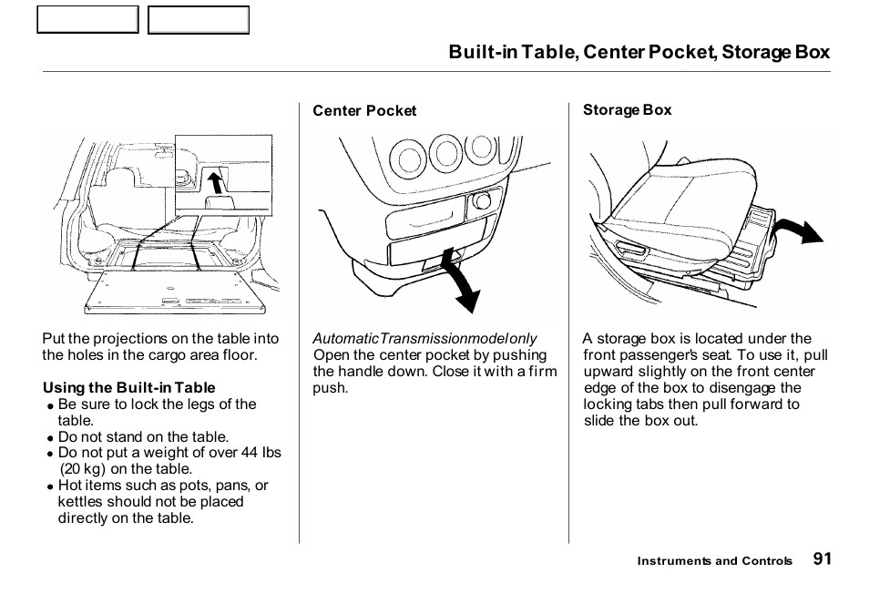 Built-in table, center pocket, storage box | HONDA 2001 CR-V - Owner's Manual User Manual | Page 95 / 326