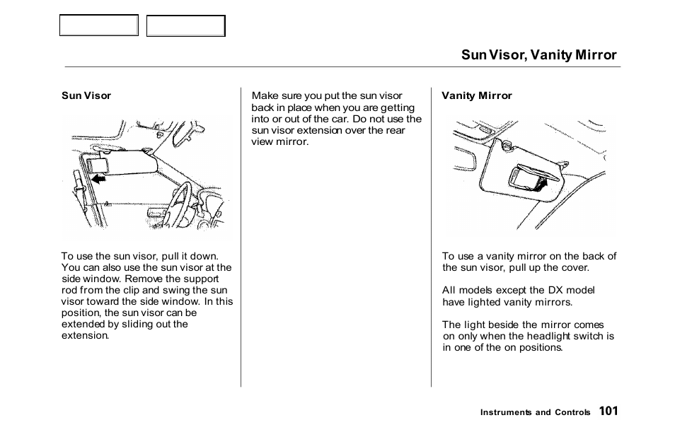 Sun visor, vanity mirror | HONDA 2000 Accord Sedan - Owner's Manual User Manual | Page 104 / 329