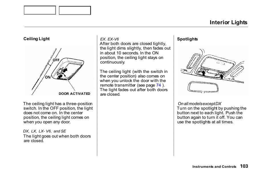 Interior lights | HONDA 2000 Accord Sedan - Owner's Manual User Manual | Page 106 / 329