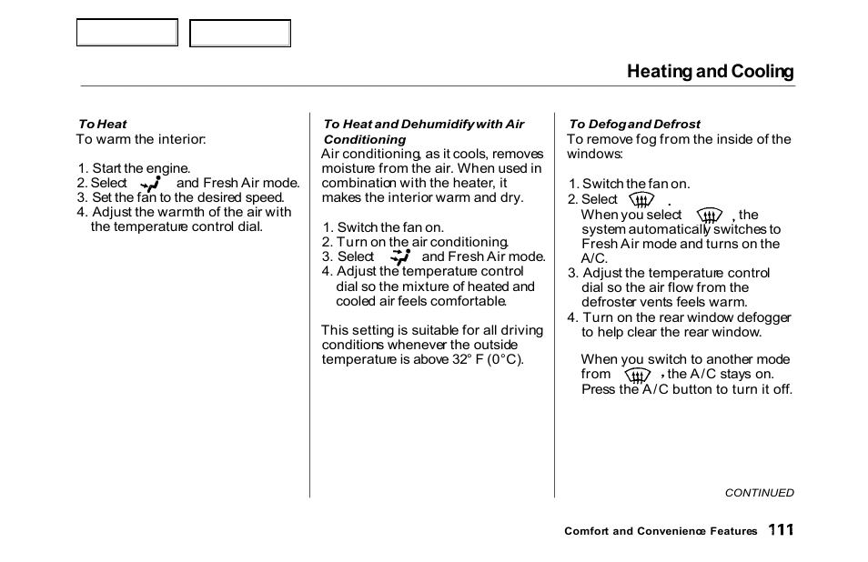 Heating and cooling | HONDA 2000 Accord Sedan - Owner's Manual User Manual | Page 114 / 329