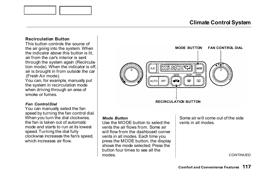 Climate control system | HONDA 2000 Accord Sedan - Owner's Manual User Manual | Page 120 / 329