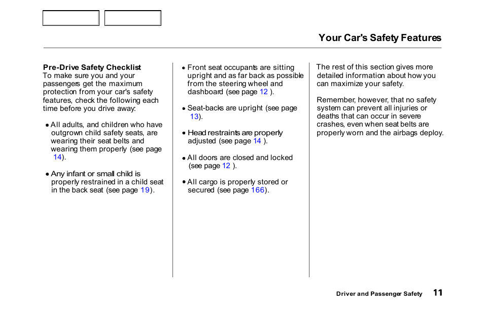 Your car's safety features | HONDA 2000 Accord Sedan - Owner's Manual User Manual | Page 14 / 329