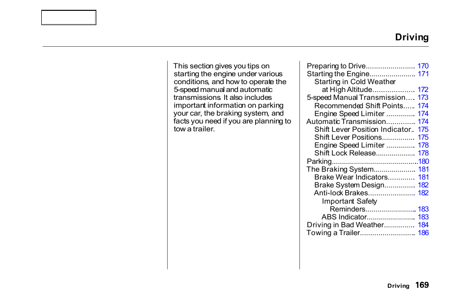 Driving | HONDA 2000 Accord Sedan - Owner's Manual User Manual | Page 172 / 329