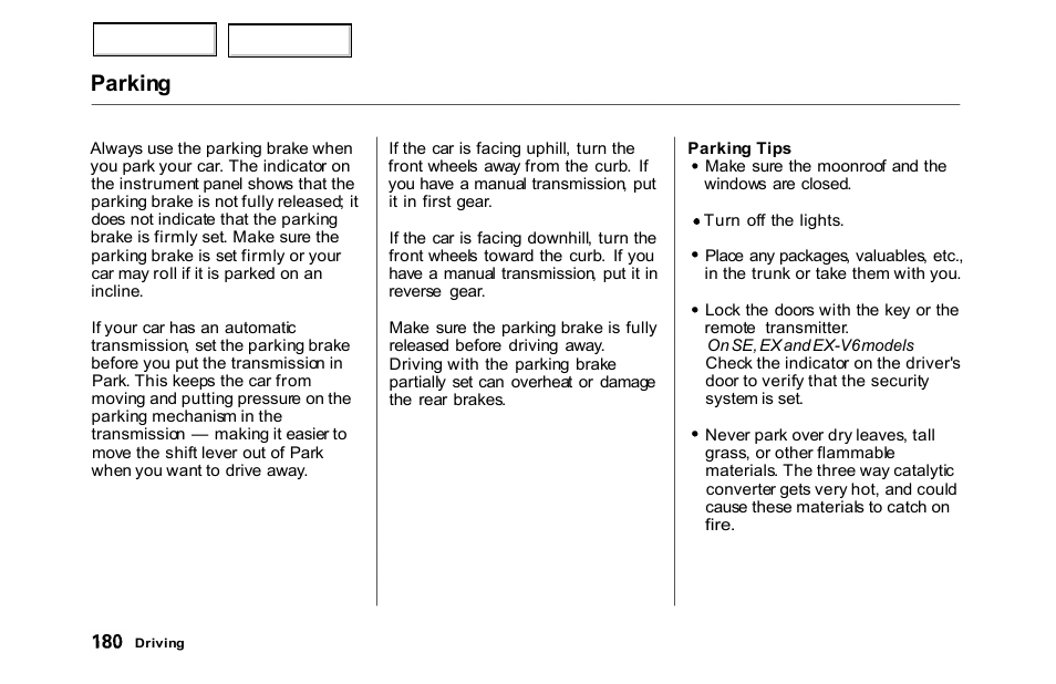 Parking | HONDA 2000 Accord Sedan - Owner's Manual User Manual | Page 183 / 329