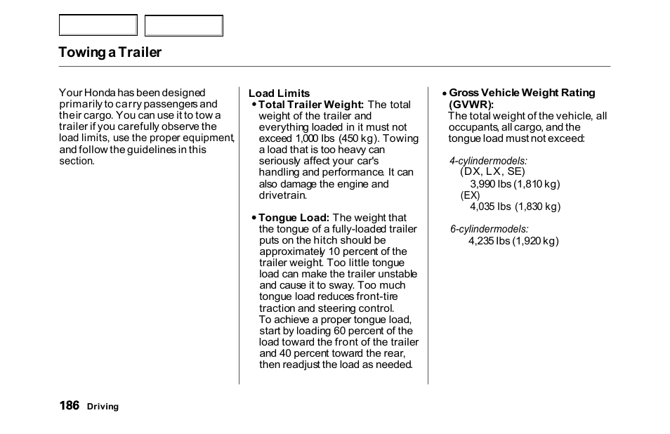 Towing a trailer | HONDA 2000 Accord Sedan - Owner's Manual User Manual | Page 189 / 329