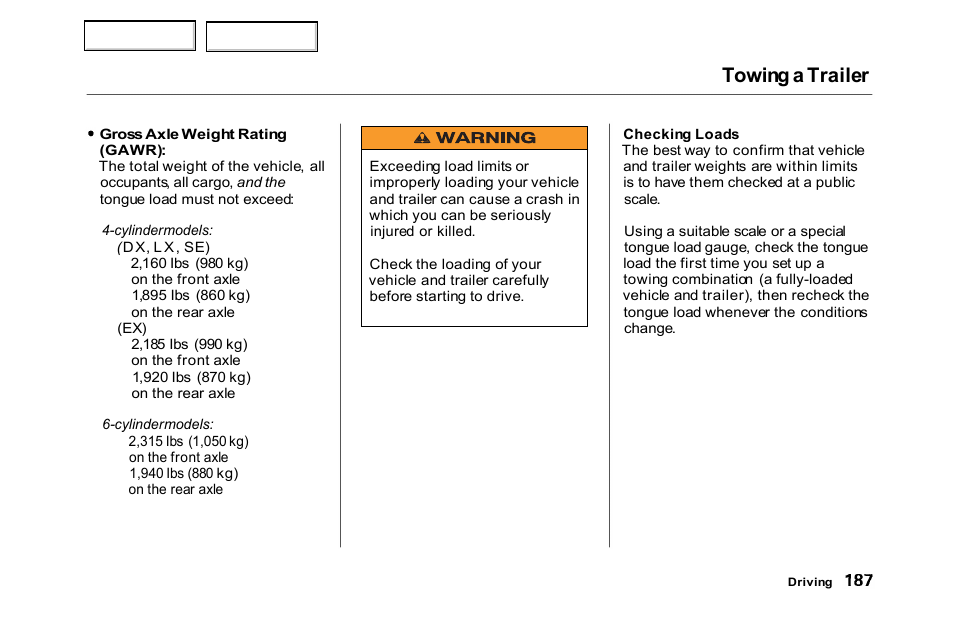 Towing a trailer | HONDA 2000 Accord Sedan - Owner's Manual User Manual | Page 190 / 329