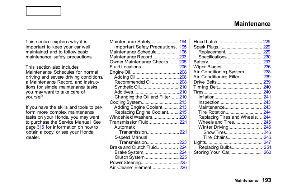 Maintenance | HONDA 2000 Accord Sedan - Owner's Manual User Manual | Page 196 / 329