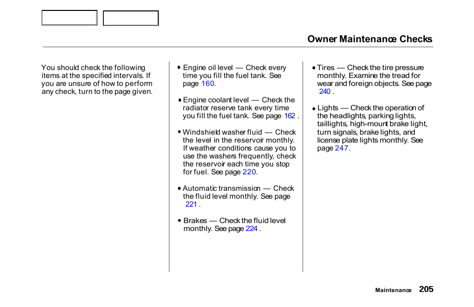 Owner maintenance checks | HONDA 2000 Accord Sedan - Owner's Manual User Manual | Page 208 / 329