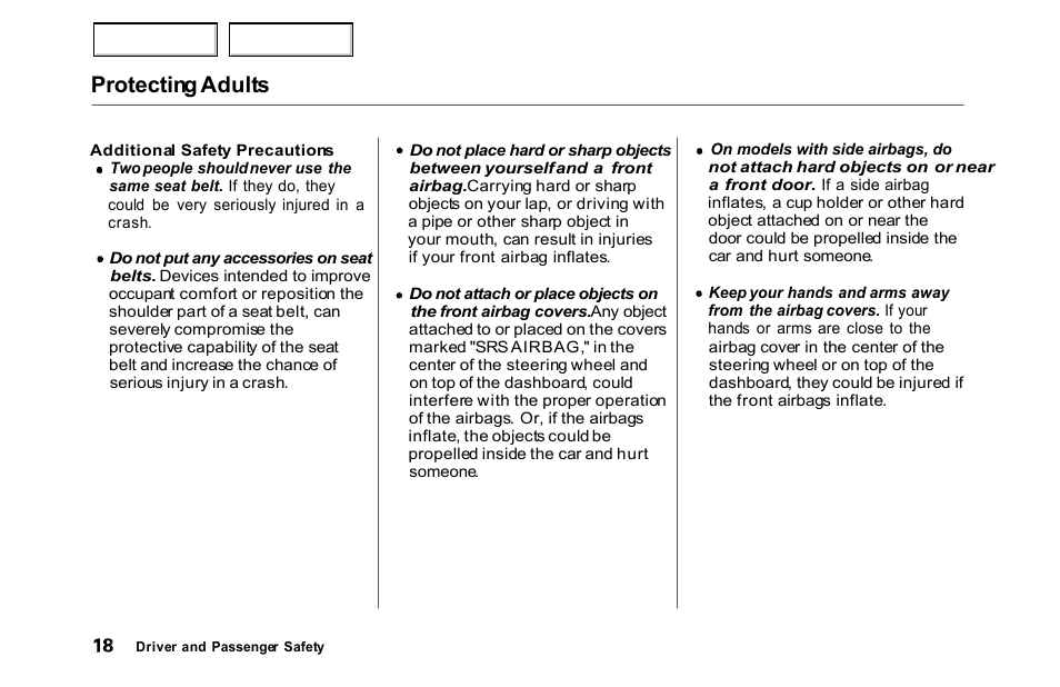 Protecting adults | HONDA 2000 Accord Sedan - Owner's Manual User Manual | Page 21 / 329