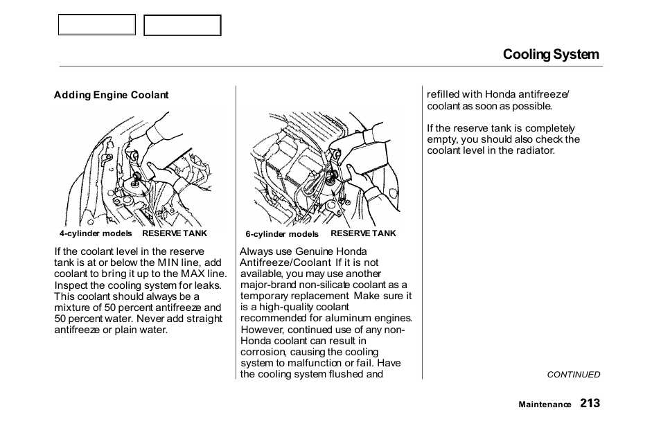 Cooling system | HONDA 2000 Accord Sedan - Owner's Manual User Manual | Page 216 / 329