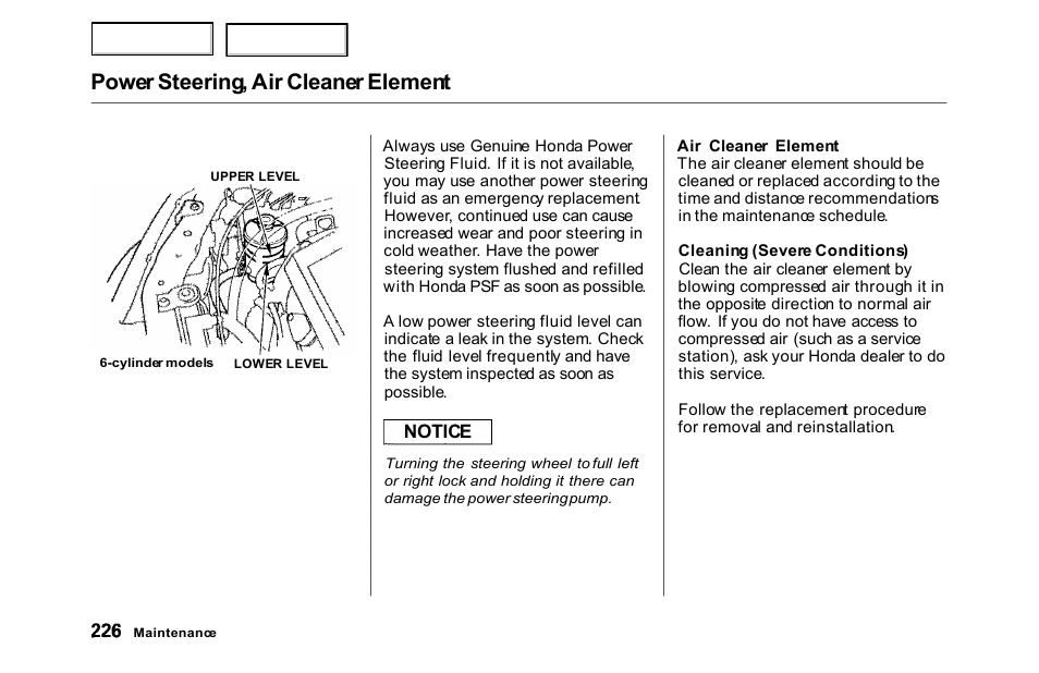 Power steering, air cleaner element | HONDA 2000 Accord Sedan - Owner's Manual User Manual | Page 229 / 329