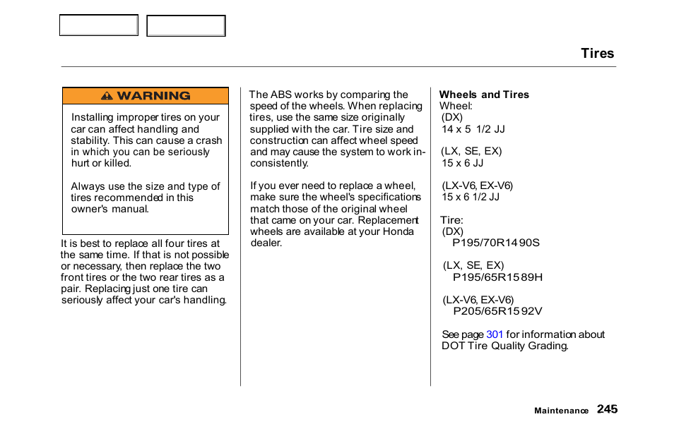 Tires | HONDA 2000 Accord Sedan - Owner's Manual User Manual | Page 248 / 329