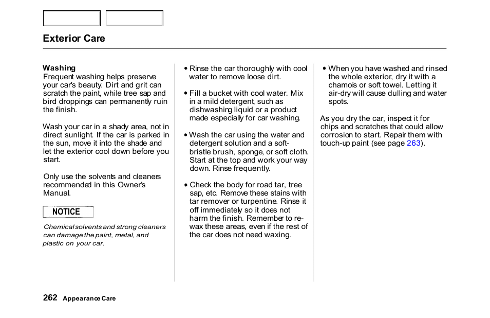 Exterior care | HONDA 2000 Accord Sedan - Owner's Manual User Manual | Page 265 / 329
