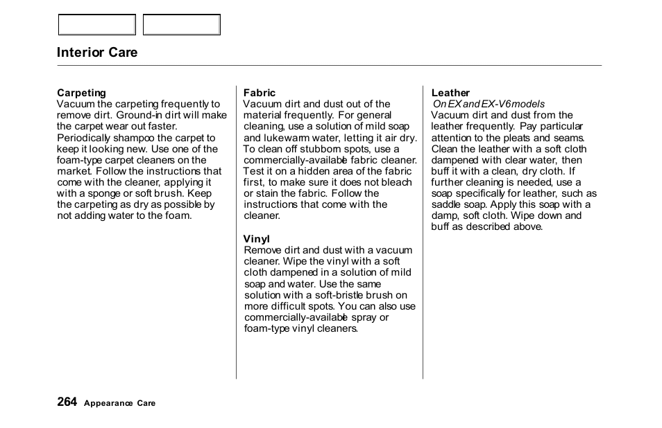 Leather, Interior care | HONDA 2000 Accord Sedan - Owner's Manual User Manual | Page 267 / 329