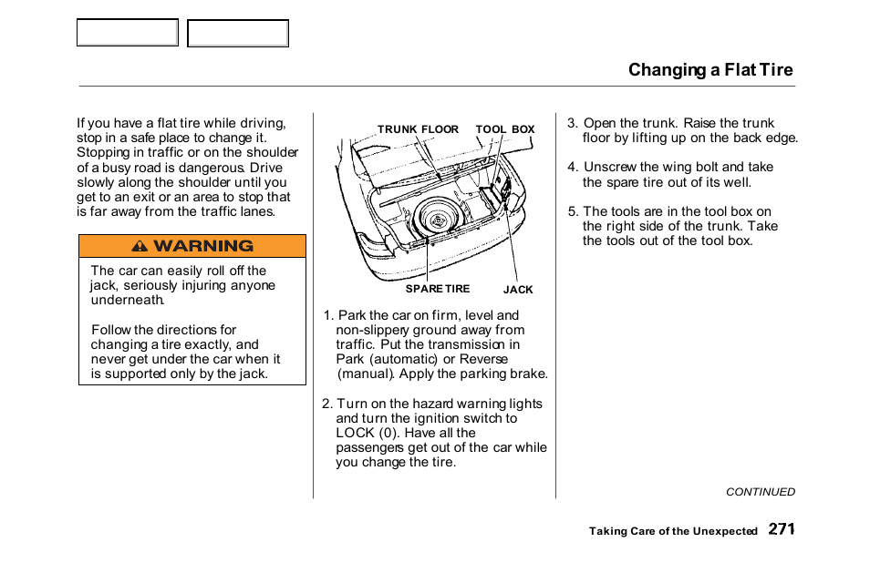 Changing a flat tire | HONDA 2000 Accord Sedan - Owner's Manual User Manual | Page 274 / 329