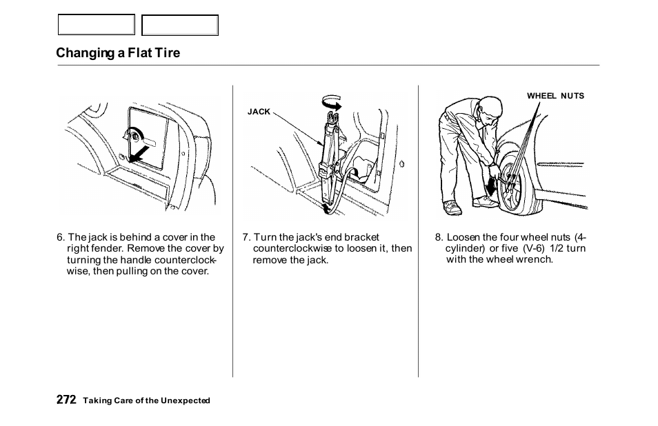 Changing a flat tire | HONDA 2000 Accord Sedan - Owner's Manual User Manual | Page 275 / 329