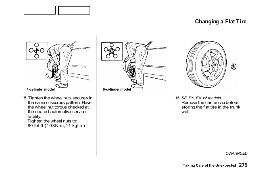 Changing a flat tire | HONDA 2000 Accord Sedan - Owner's Manual User Manual | Page 278 / 329