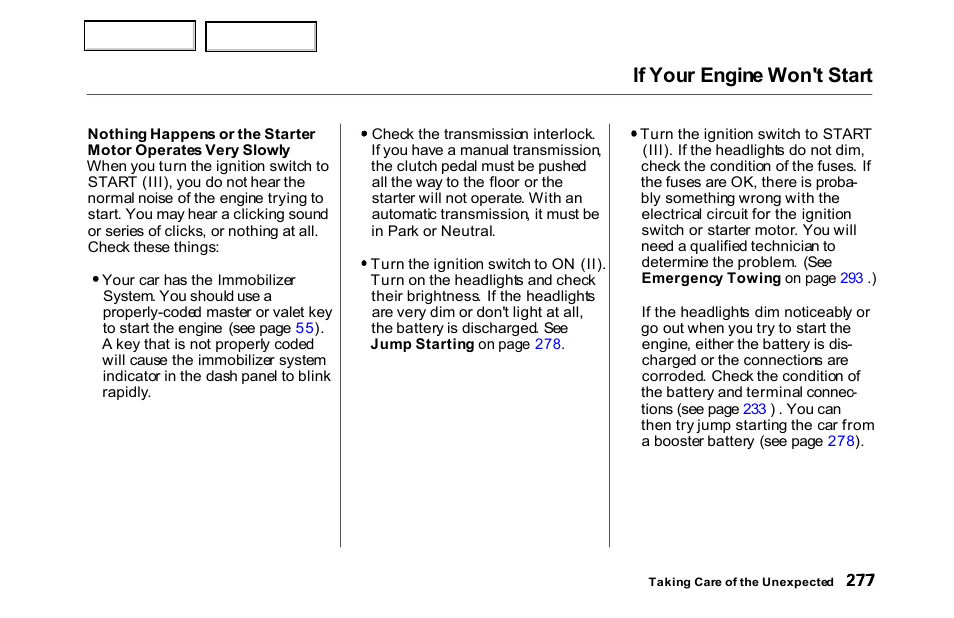 If your engine won't start | HONDA 2000 Accord Sedan - Owner's Manual User Manual | Page 280 / 329