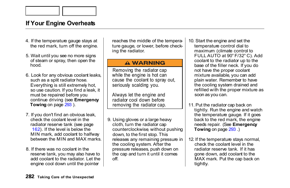 If your engine overheats | HONDA 2000 Accord Sedan - Owner's Manual User Manual | Page 285 / 329