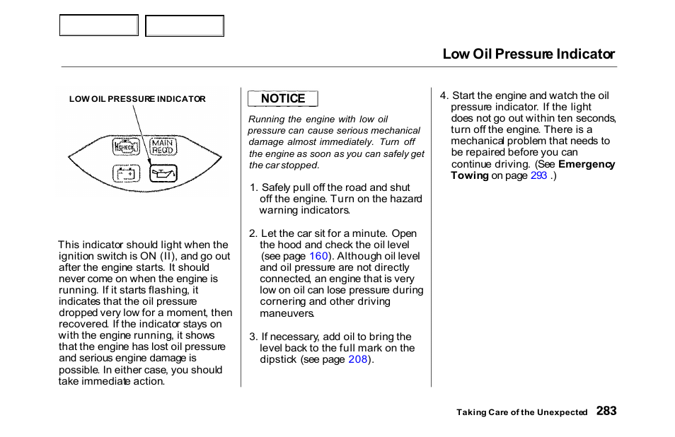 Low oil pressure indicator | HONDA 2000 Accord Sedan - Owner's Manual User Manual | Page 286 / 329