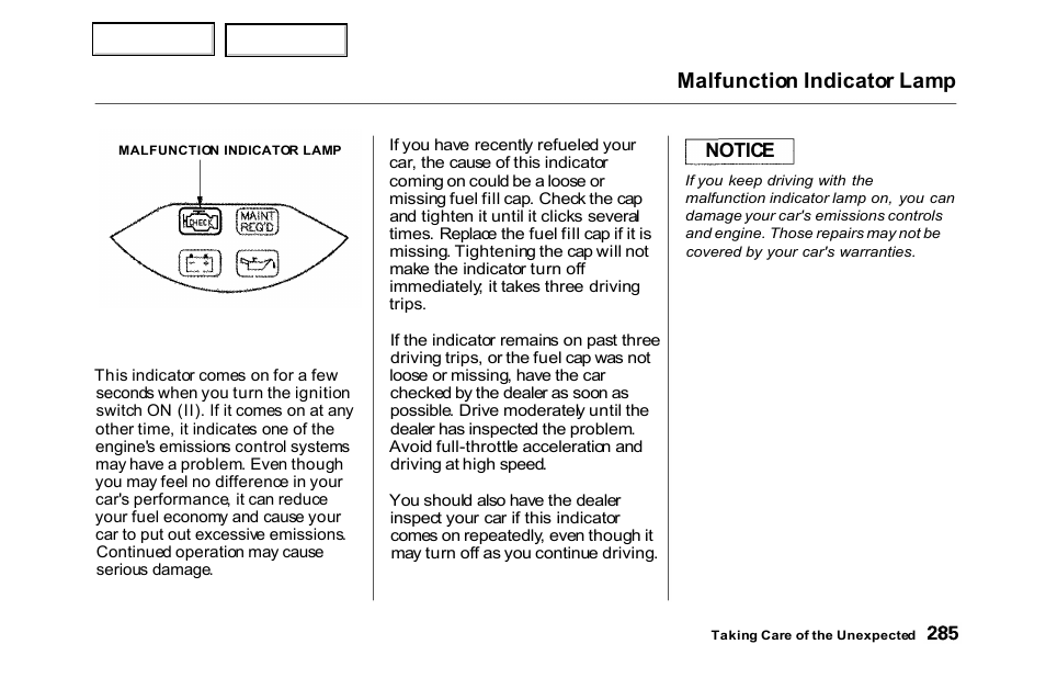 Malfunction indicator lamp | HONDA 2000 Accord Sedan - Owner's Manual User Manual | Page 288 / 329