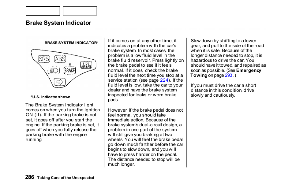 Brake system indicator | HONDA 2000 Accord Sedan - Owner's Manual User Manual | Page 289 / 329