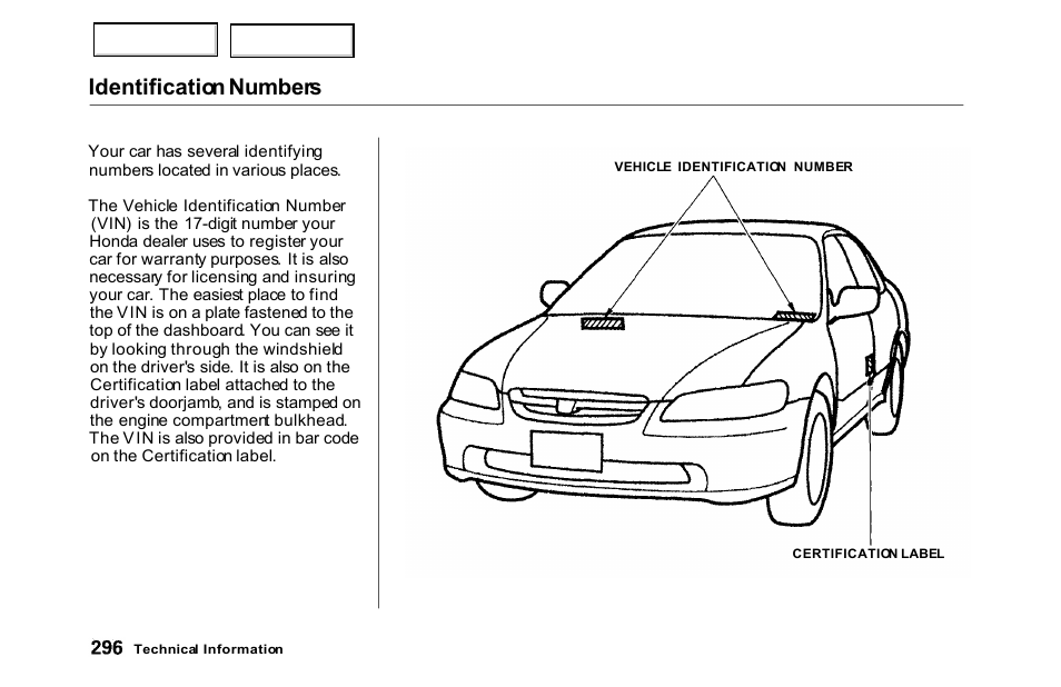 Identification numbers | HONDA 2000 Accord Sedan - Owner's Manual User Manual | Page 299 / 329